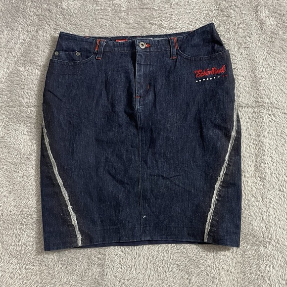 Eckored Denim Mini Skirt Juniors Size 9 Embellished Logo Y2K Dark Wash Stretch - Picture 1 of 7